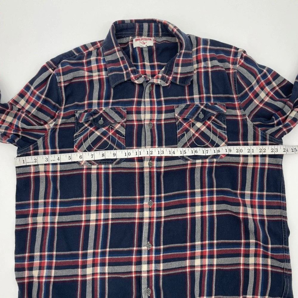 True Religion Mens Plaid‎ Flannel LS Utility Shirt Navy Red XL SVY974ZL01815